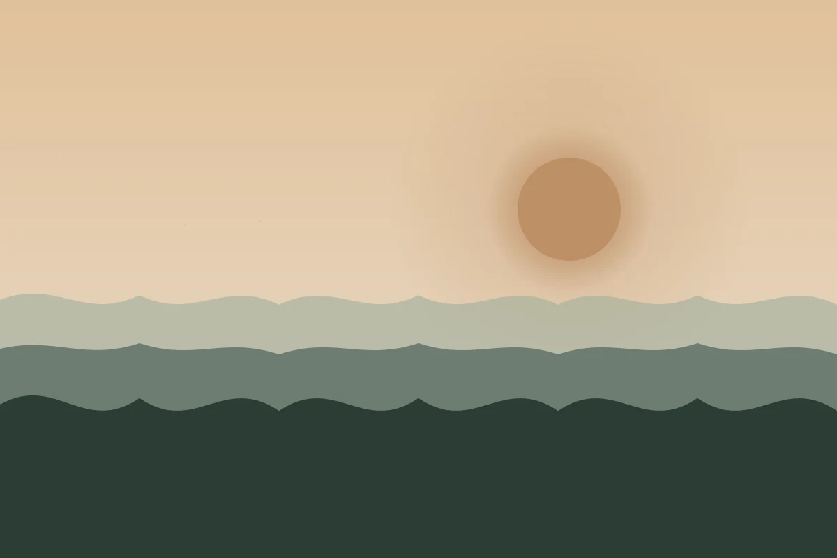 Illustration of a rising amber sun over layered green tide waves at dawn